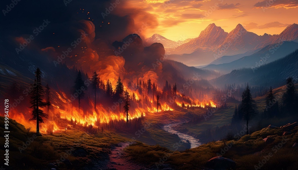 A raging wildfire spreading through a valley, with mountain in the background. A raging wildfire spreading through a valley, with mountain in the background.