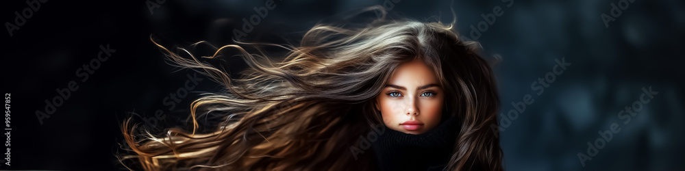 Obraz premium Stunning portrait of a young supermodel with flowing hair, perfect for winter fashion campaigns and social media content. Design for Wall Art, Poster Print, Wallpaper & Background