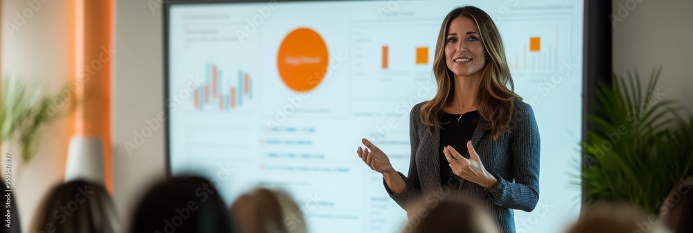 Fototapeta premium A confident woman engages her all-female audience, sharing insights and data during a compelling presentation in a contemporary conference space