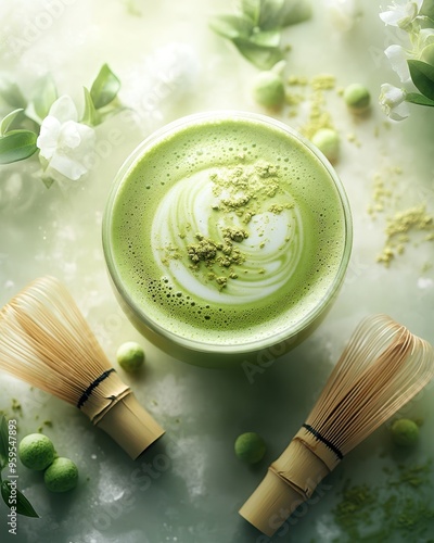 A vibrant matcha tea with frothy texture, surrounded by green elements and traditional tools, depicting a serene tea experience. photo