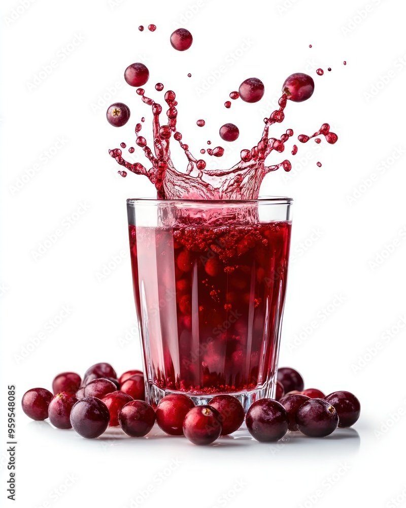 A glass of cranberry juice with fresh cranberries spilling out. A glass of cranberry juice with fresh cranberries spilling out.
