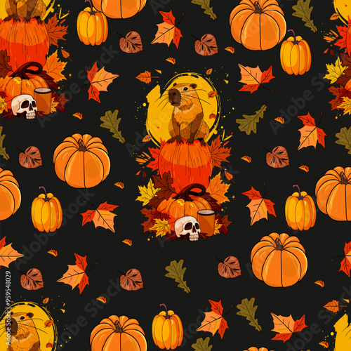 Capybara Halloween pattern illustration. Pumpkin pattern for Halloween design. Vector illustration as a blank for a designer, logo