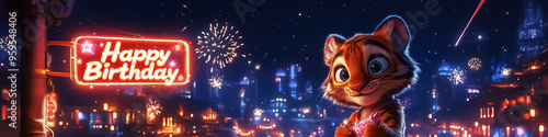 A vibrant animated tiger character celebrating a birthday under a festive sky with fireworks, perfect for children's party invitations and decorations.