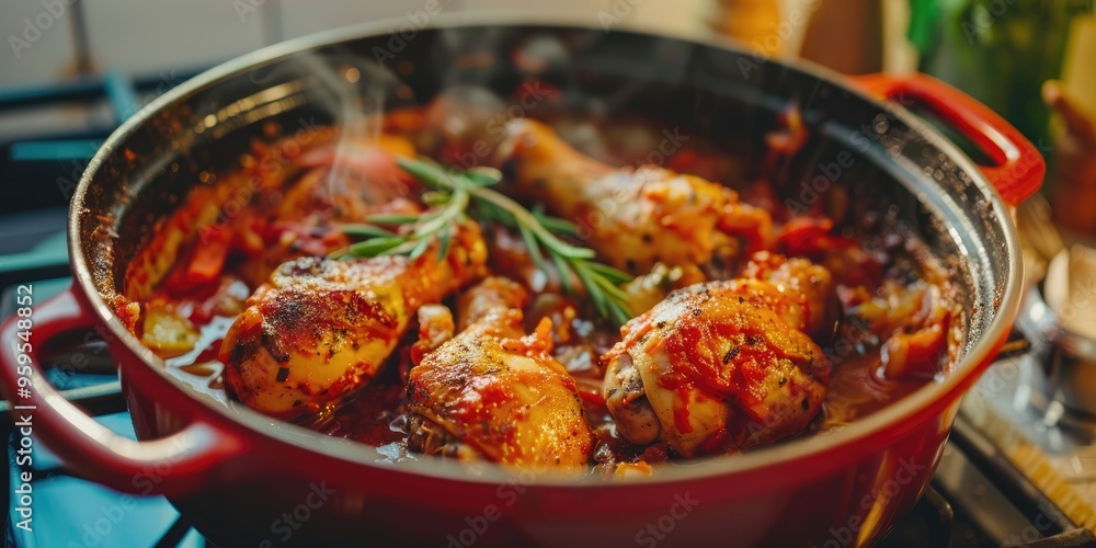 Preparing Chicken Drumsticks with Tomato Sauce in an Enamel Pot on a Gas Burner Preparing Chicken Drumsticks with Tomato Sauce in an Enamel Pot on a Gas Burner
