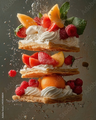 Delicious layered dessert with fruits, cream, and mint, creating a refreshing and enticing visual delight. photo