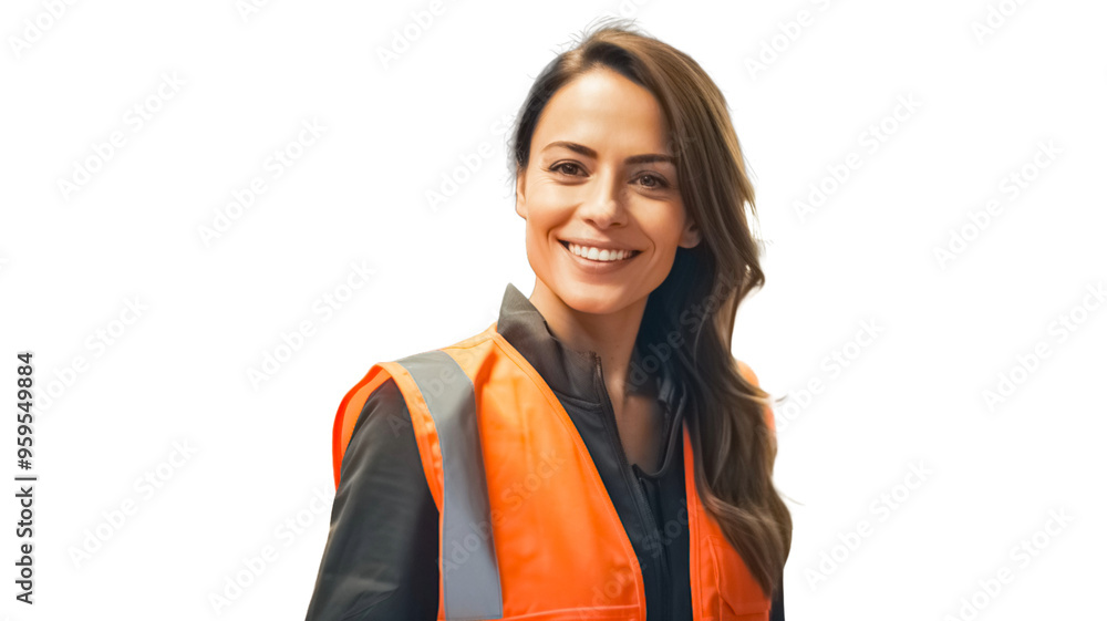 Beautiful smiling woman wearing safety jacket on transparent background PNG.
Beautiful smiling woman wearing safety jacket on transparent background PNG.