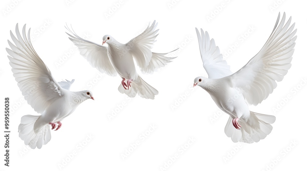 Obraz premium White doves flying in various directions, isolated on a white background, symbolizing peace, freedom, and spirituality, perfect for nature and symbolic concepts in high-detail, minimalist design