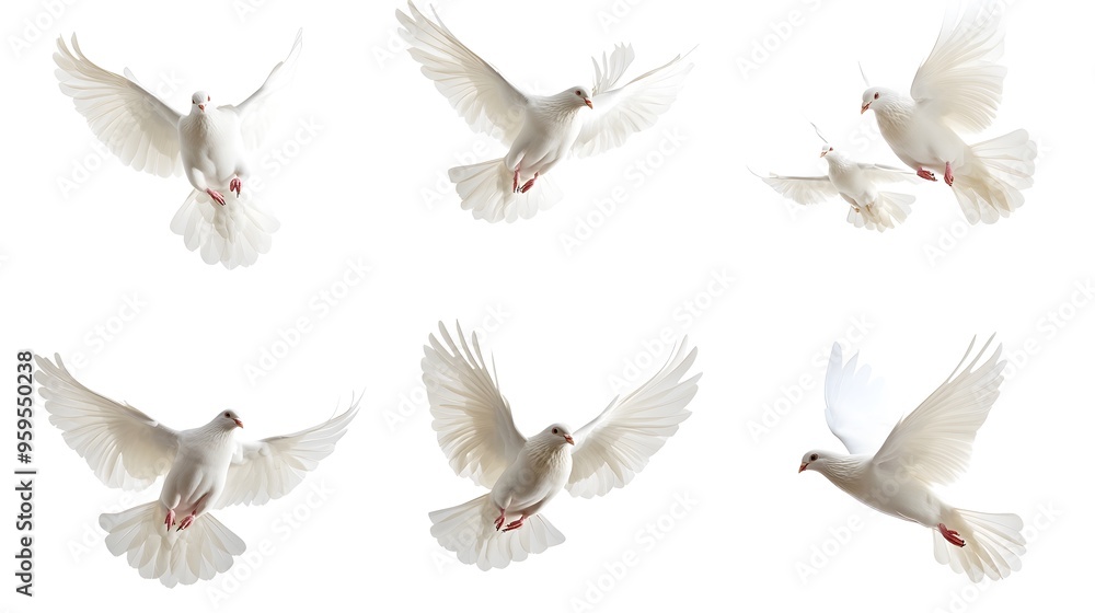 Fototapeta premium White doves flying in various directions, isolated on a white background, symbolizing peace, freedom, and spirituality, perfect for nature and symbolic concepts in high-detail, minimalist design