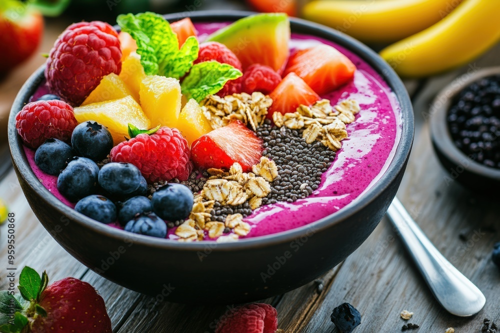 A close-up of a colorful smoothie bowl topped with fresh fruits, seeds, and granola, arranged aesthetically on a wooden table, promoting a healthy and vibrant lifestyle. A close-up of a colorful smoothie bowl topped with fresh fruits, seeds, and granola, arranged aesthetically on a wooden table, promoting a healthy and vibrant lifestyle.