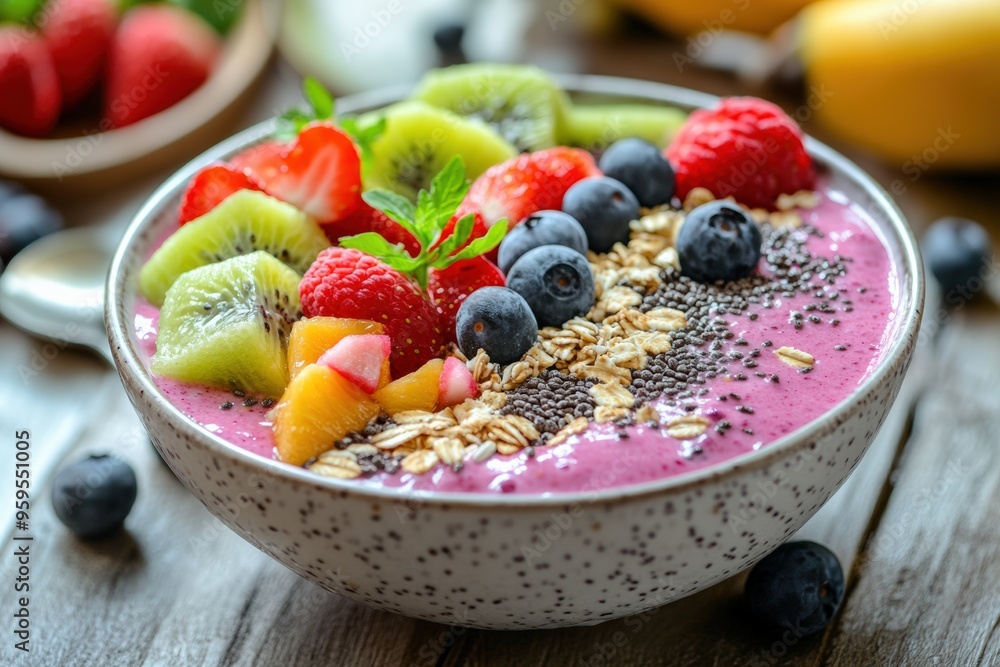 A close-up of a colorful smoothie bowl topped with fresh fruits, seeds, and granola, arranged aesthetically on a wooden table, promoting a healthy and vibrant lifestyle. A close-up of a colorful smoothie bowl topped with fresh fruits, seeds, and granola, arranged aesthetically on a wooden table, promoting a healthy and vibrant lifestyle.