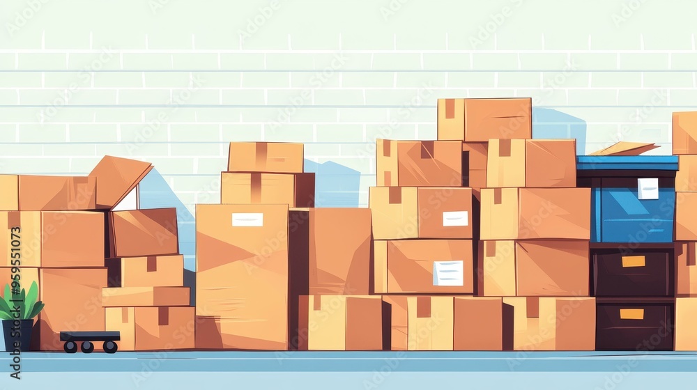 A vibrant flat design showcasing a stack of cardboard boxes in a bustling warehouse setting, perfect for shipping themes. A vibrant flat design showcasing a stack of cardboard boxes in a bustling warehouse setting, perfect for shipping themes.