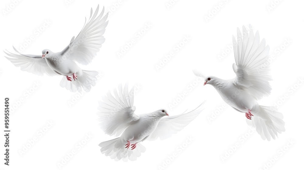 Obraz premium White doves flying in various directions, isolated on a white background, symbolizing peace, freedom, and spirituality, perfect for nature and symbolic concepts in high-detail, minimalist design