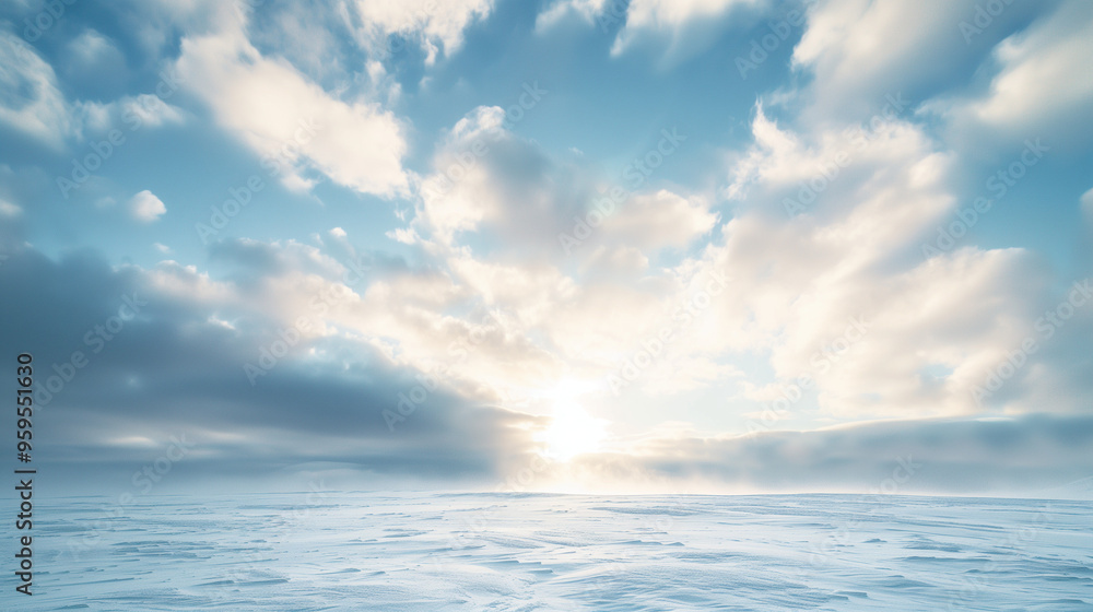 A winter sky just after a snowfall, thick clouds with hints of sunlight breaking through, snow-covered landscape below A winter sky just after a snowfall, thick clouds with hints of sunlight breaking through, snow-covered landscape below