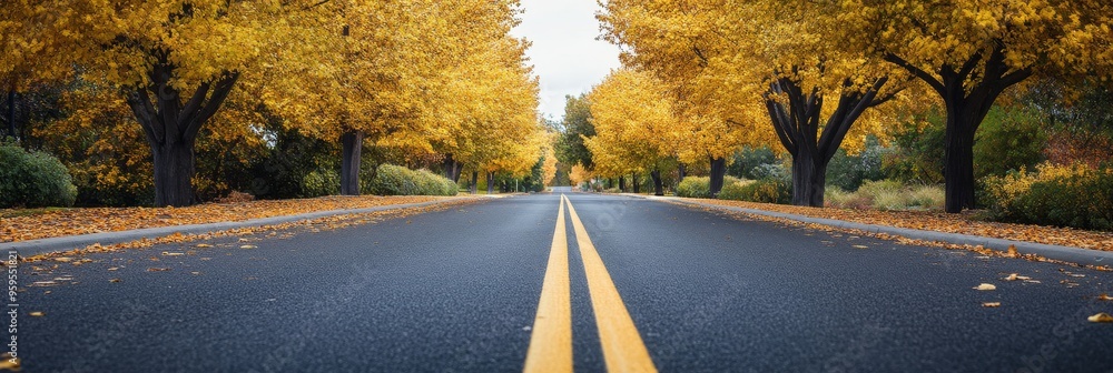 © Elmira - A tranquil city road stretches forward, flanked by trees adorned in vibrant golden leaves, showcasing the beauty of autumn in a peaceful urban setting © Elmira - A tranquil city road stretches forward, flanked by trees adorned in vibrant golden leaves, showcasing the beauty of autumn in a peaceful urban setting