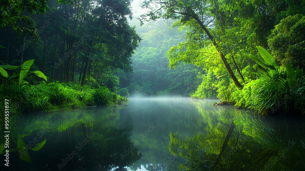 Serene morning mist rising from a still pond in a lush green forest, reflecting the surrounding trees in the water. Serene morning mist rising from a still pond in a lush green forest, reflecting the surrounding trees in the water.