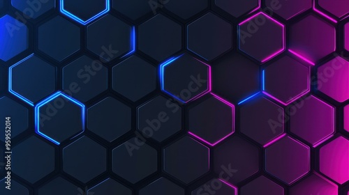 Explore a sleek dark hexagon tech backdrop illuminated with vibrant blue and pink flashes, perfect for modern designs.