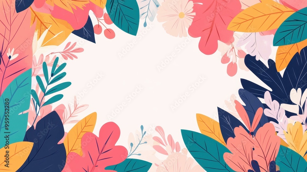 Fototapeta premium A vibrant floral wreath design, perfect for adding a touch of nature to cards and banners. Fresh colors and handdrawn style.