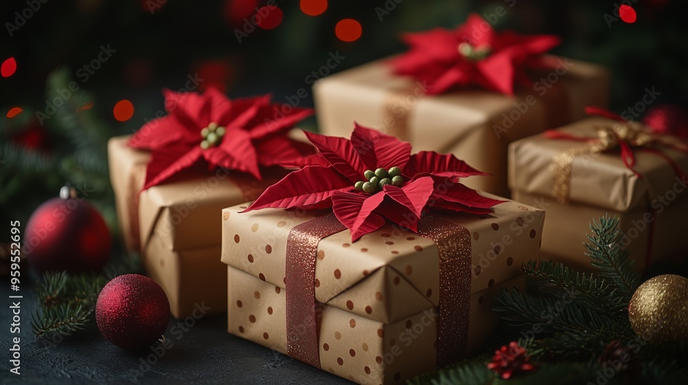 Christmas stacks of gifts wrapped in recycled brown wrapping paper with polka dot and poinsettia prints gold colors, stacked on top of each other against a plain background Christmas stacks of gifts wrapped in recycled brown wrapping paper with polka dot and poinsettia prints gold colors, stacked on top of each other against a plain background