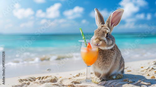 Rabbit drinking a cocktail in summer sunny sea beach ai geerative.. photo