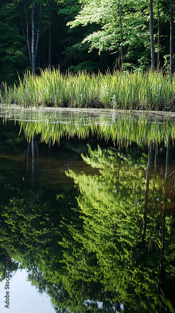 Obraz premium A serene reflection of trees and reeds in a still lake.