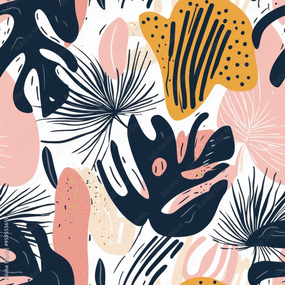 Naklejka premium seamless pattern of tropical leaves with playful, abstract shapes