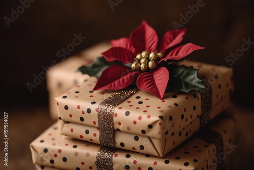 Christmas stacks of gifts wrapped in recycled brown wrapping paper with polka dot and poinsettia prints gold colors, stacked on top of each other against a plain background