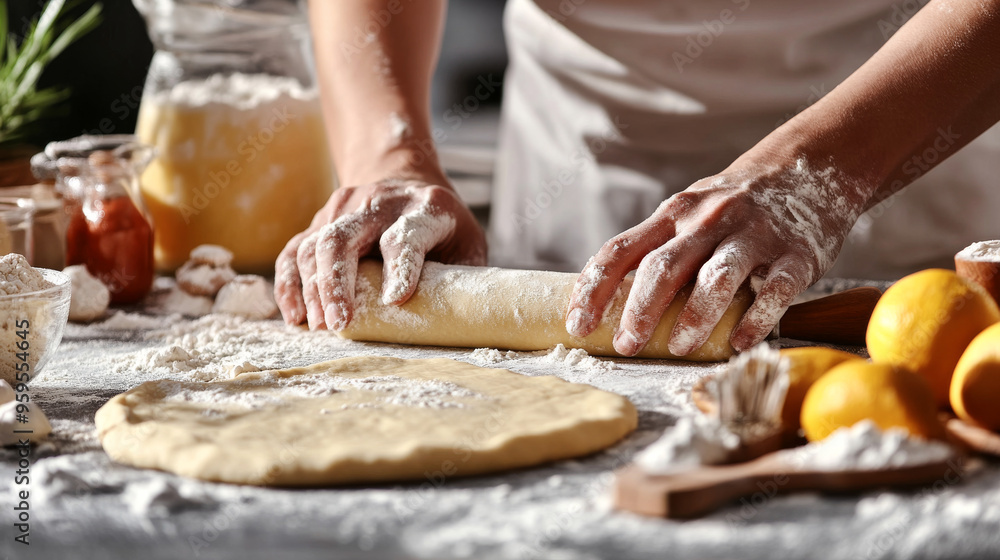 A close-up of hands rolling out dough for baking, with flour and ingredients on the counter A close-up of hands rolling out dough for baking, with flour and ingredients on the counter