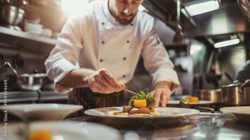 A skilled chef artfully preparing a gourmet dish in a high-end restaurant kitchen, embodying the essence of fine dining. A skilled chef artfully preparing a gourmet dish in a high-end restaurant kitchen, embodying the essence of fine dining.