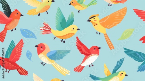 Colorful cartoon birds soaring together, charming background for cards and wallpapers.