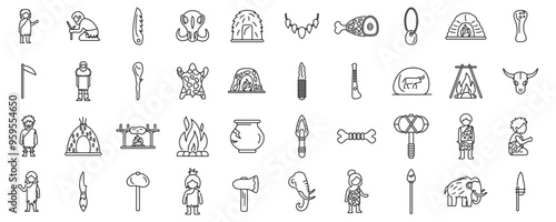 Ancient era family icons set. Different activities from the stone age, a set of thin line icons representing prehistoric life