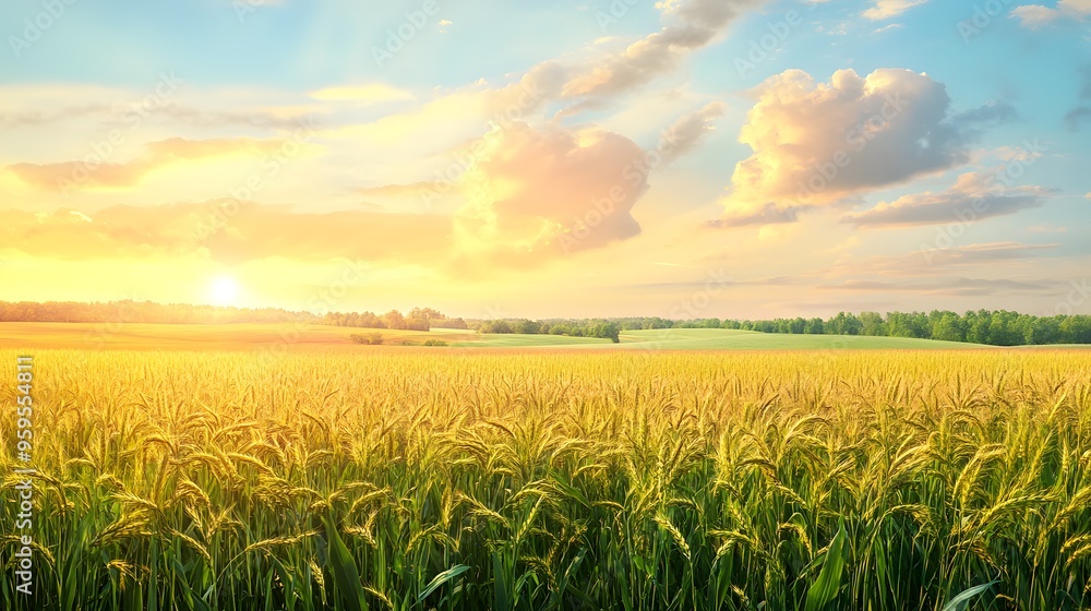 Serene wheat field at sunrise with golden sky and clouds Serene wheat field at sunrise with golden sky and clouds