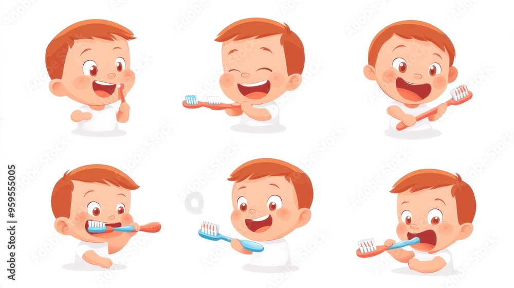 Cute Cartoon Boy Brushing His Teeth in Multiple Poses Cute Cartoon Boy Brushing His Teeth in Multiple Poses