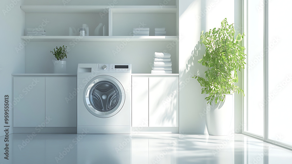 An eco-friendly washing machine with a green energy label, surrounded by lush indoor plants. An eco-friendly washing machine with a green energy label, surrounded by lush indoor plants.