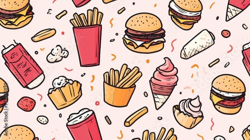 Hand-drawn seamless pattern with various fast food items like burgers, french fries, ice cream, and soda.