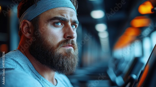 Side view of an overweight man with a beard and headband working out on a treadmill in a gym, close-up, cinematic and hyper-realistic shot with a blurred background.

