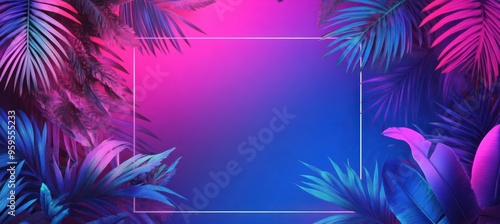 Tropical Neon Background with Palm Leaves