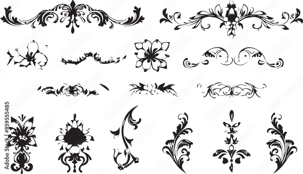 Big set of decorative elements and vector graphics in a hand drawn floral ornament collection with line on a white background
Big set of decorative elements and vector graphics in a hand drawn floral ornament collection with line on a white background