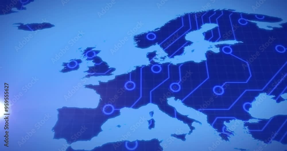 Digital network connections over map of Europe, technological animation Digital network connections over map of Europe, technological animation
