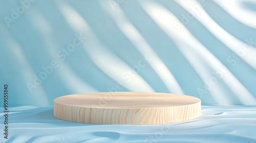 Wooden Podium With Pale Blue Background And Gentle Wave Pattern For Serene Product Displays . Generative ai