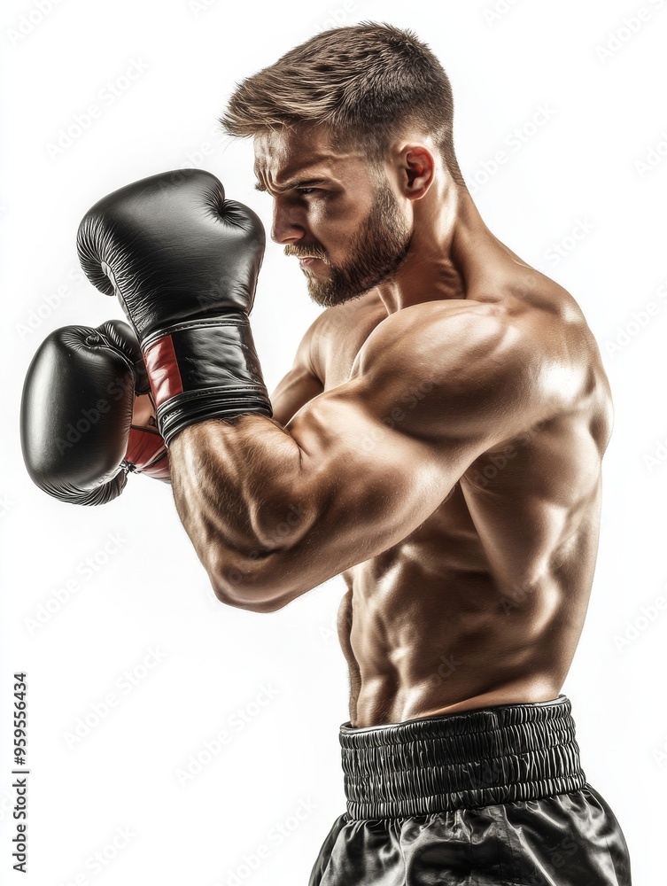 photoshot of Sportsman muay thai boxer fighting in gloves in boxing cage. Isolated on white background photoshot of Sportsman muay thai boxer fighting in gloves in boxing cage. Isolated on white background