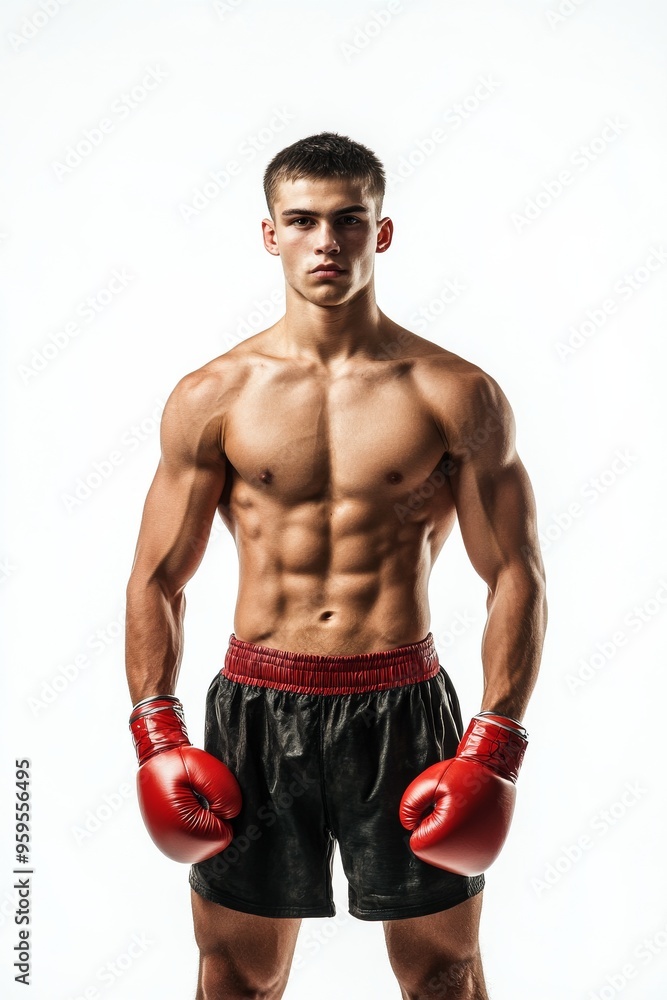 Portrait of a boxer standing proudly in a pose ready to fight on white background Portrait of a boxer standing proudly in a pose ready to fight on white background