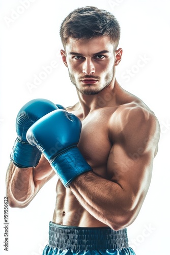 Portrait of a Europe boxer in a pose ready to fight on white background