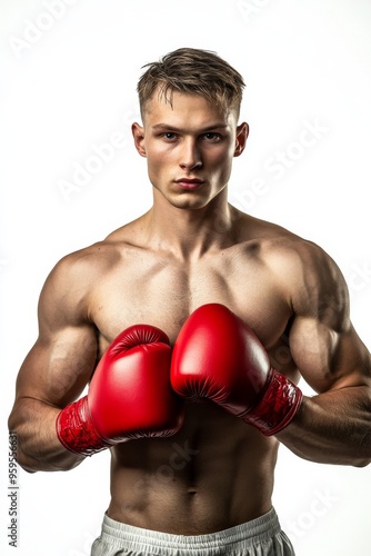 Portrait of a Europe boxer with red glove in a pose ready to fight on white background