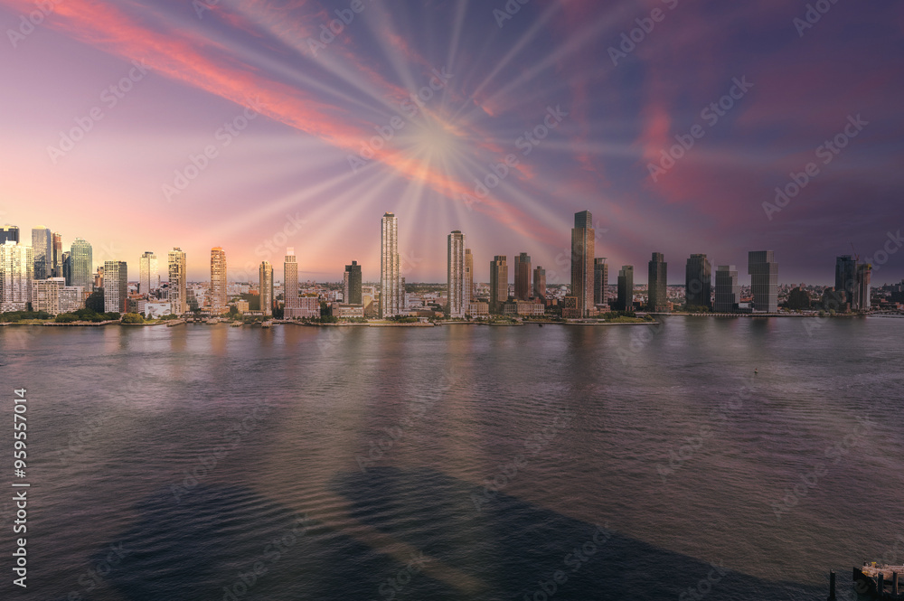 A breathtaking view of Jersey City from New York at sunset. The serene river reflects the city’s skyline, with vibrant sun rays adding a dramatic touch to the urban landscape, offering a mesmerizing c A breathtaking view of Jersey City from New York at sunset. The serene river reflects the city’s skyline, with vibrant sun rays adding a dramatic touch to the urban landscape, offering a mesmerizing c