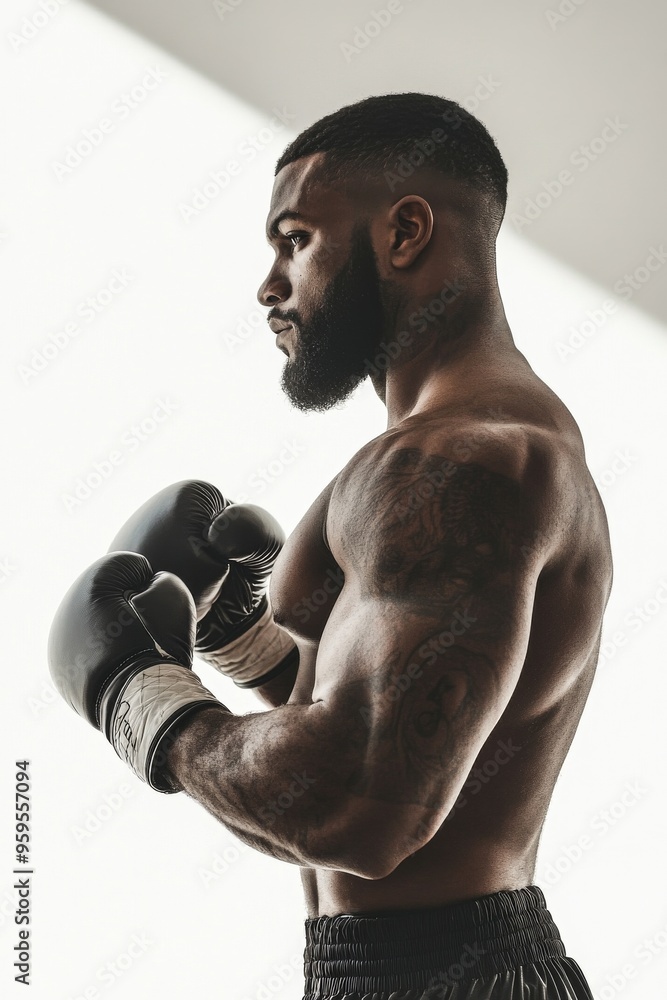 Portrait side view of a boxer pose ready to fight on white background Portrait side view of a boxer pose ready to fight on white background