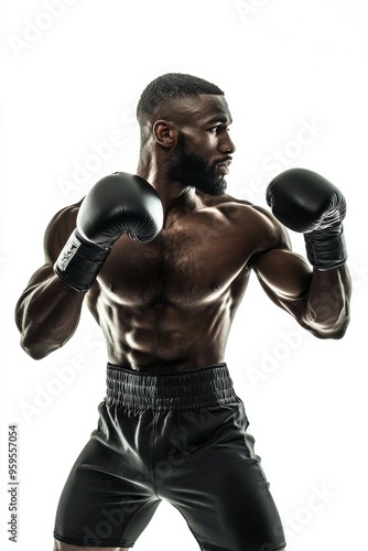 Portrait side view of a boxer pose ready to fight on white background