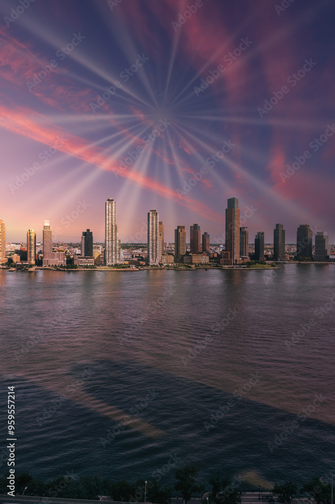 A breathtaking view of Jersey City from New York at sunset. The serene river reflects the city’s skyline, with vibrant sun rays adding a dramatic touch to the urban landscape, offering a mesmerizing c A breathtaking view of Jersey City from New York at sunset. The serene river reflects the city’s skyline, with vibrant sun rays adding a dramatic touch to the urban landscape, offering a mesmerizing c