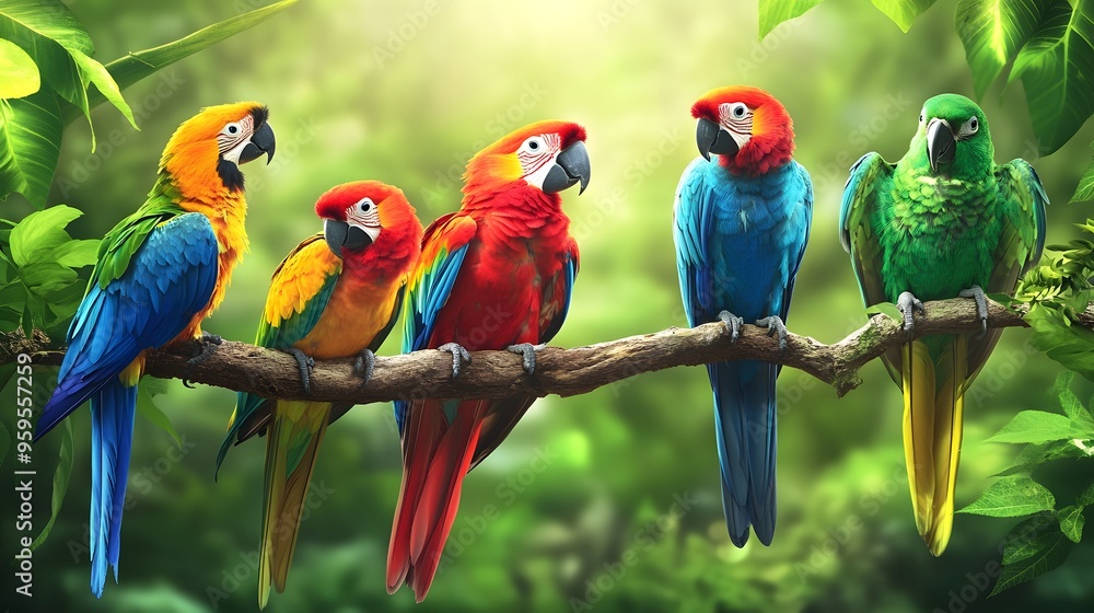Obraz premium Vibrant parrots perched in lush tropical forest
