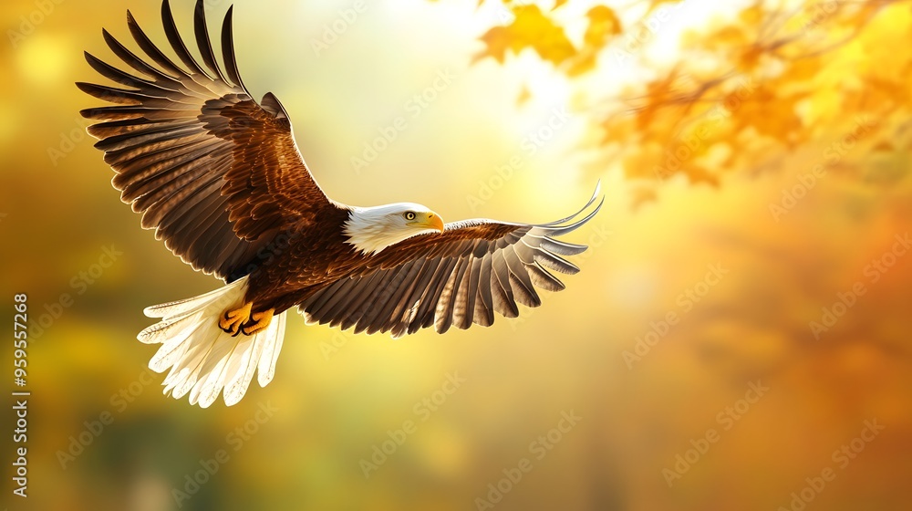 Obraz premium Majestic bald eagle soaring through golden autumn foliage