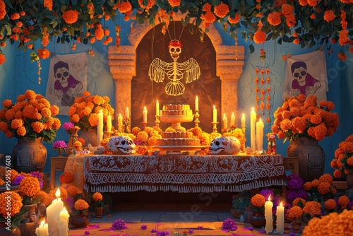 Day of the Dead Altar with Marigolds and Candles.